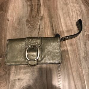 Metallic dark silver large coach wristlet